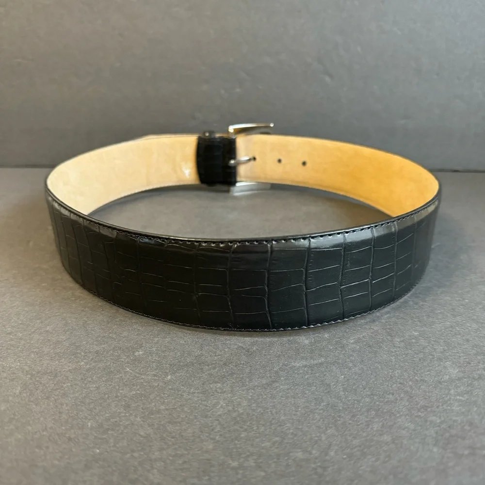 Vintage Wide Waist Belt Black‎ Leather Alligator Embossed Moc Croc Womens Medium